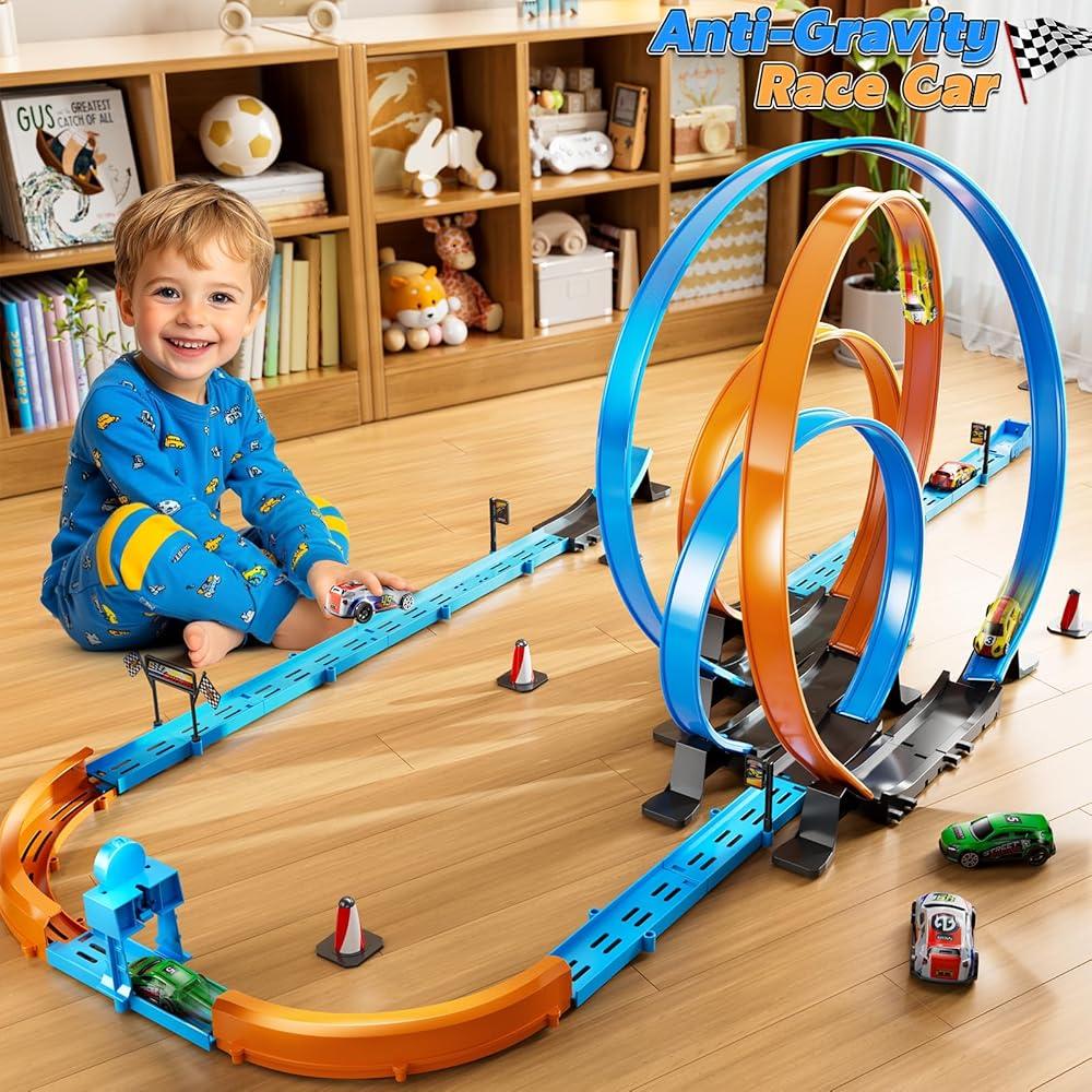 LILYBUDS Toy Car Race Track Set for Boys Kids Age 35 47, Race Tracks with 4 HighSpeed Pull Back Race Cars and Crash Zones, Christmas Halloween Birthdays Gifts Toys for Boys Kids 46 812 Years Old