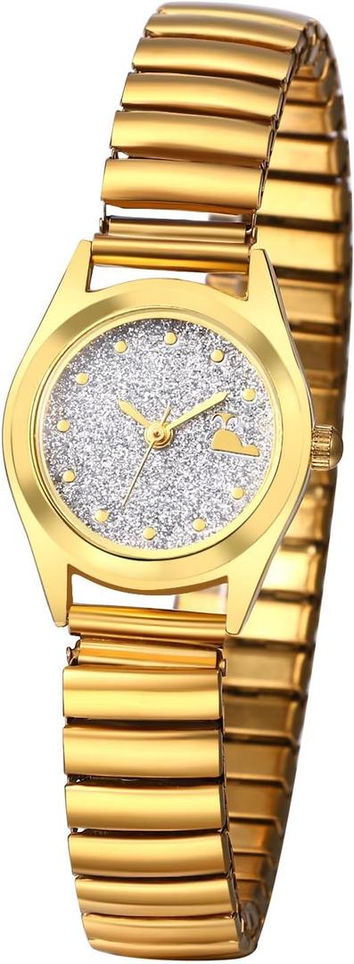 JewelryWe Women's Big Dial Easy Reader Watch Gold/Silver Tone Elastic Stretch Band Wristwatch for Christmas