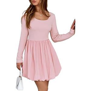 BLENCOT Dresses for Women Fall Long Sleeve Square Neck Bubble Party A Line Mini Dresses XL