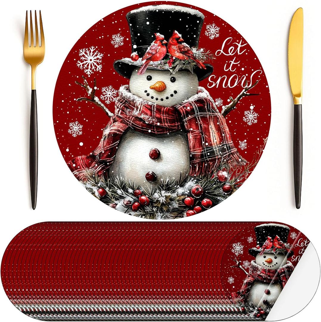 Lallisa 100 Pcs Christmas Snowman Disposable Paper Place Mats Red Let It Snow Winter 13'' Round Placemats Bulk Snowflakes Red Cardinals Seasonal Christmas Holiday Table Mats for Dining Decoration