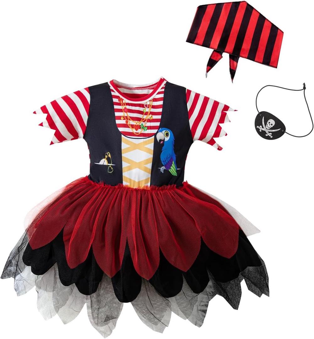 MOMMY'S NEW MAN Toddler Baby Girl Pirate Costume Halloween Sea Buccaneer Tutu Dress And Head Scarf With Pirate eye mask (1-2Y, Red)