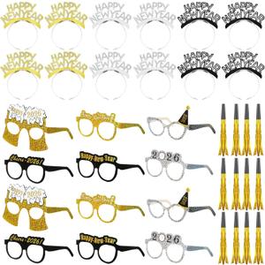 Yunsailing 36 Pieces New Years Eve Party Supplies 2026 Glasses Black Silver and Gold Headbands for Happy New Years Eve Party Decorations Accessories