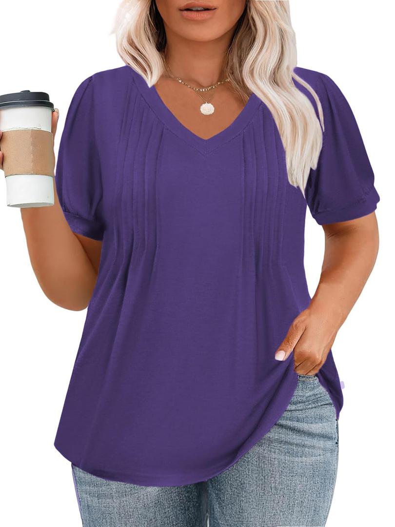 Plus Size Tunic Tops for Women Casual V Neck Shirts Dressy Pleated Tees