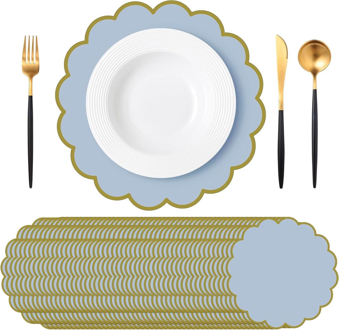 Tinlade 50 Pcs Paper Placemats, 13.5 Inch Disposable Scalloped Placemat, Decorative Round Table Place Mats for Birthday, Wedding, Bridal Shower, Baby Shower, Tea Party, Dining Tableware (Blue)