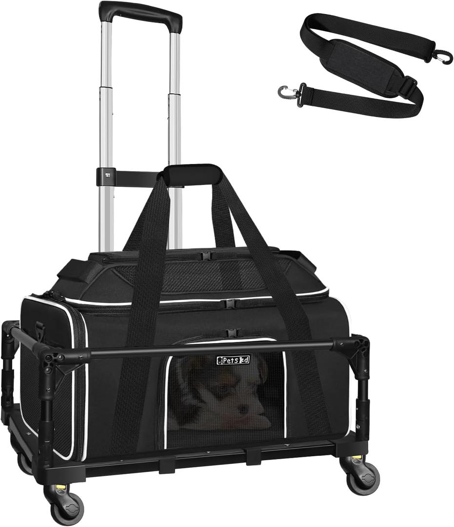Petskd Top-Expandable Small Pet Carrier with Wheels(18" L x 13" W x 9.5" H), Southwest Airlines Approved, Rolling Pet Carrier for Small Dogs & Cats (Black)