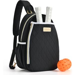 Pickleball Bag for Women, Quilted Stylish Sling Bag, Adjustable Shoulder Strap, 2 Storage Compartment Holds Paddles, Balls,Shoes (Black)