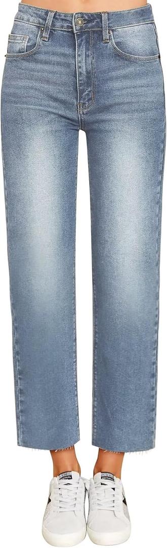 KDF Women's Cropped Straight Leg Jeans - High Waisted Jeans for Women 7/8 Length Denim Pants with Crop Hem, 8, #0922_sky Blue(frayed Raw Hems)