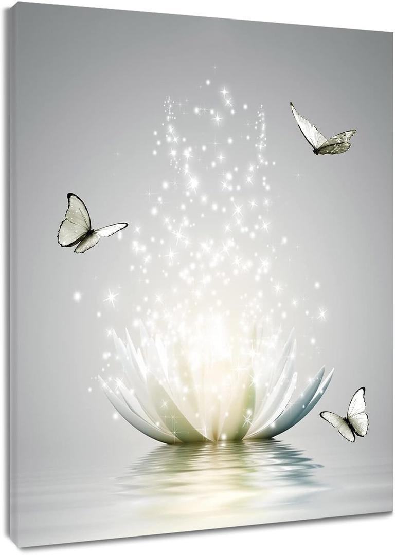 Modern Grey Wall Art for Bathroom Retro Butterfly and White Floral Bloom in Water Abstract Canvas Wall Art Wall Paintings Spa Zen Wall Pictures for Living Room Bedroom Office Ready To Hang,16x24 Inch
