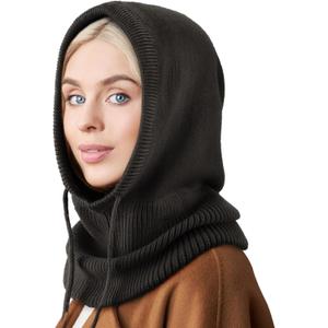 Hooded Scarf Hat Knit Balaclava Women Beanie Skull Cap with Drawstring Warm Winter Hats for Women Men Outdoor Sports