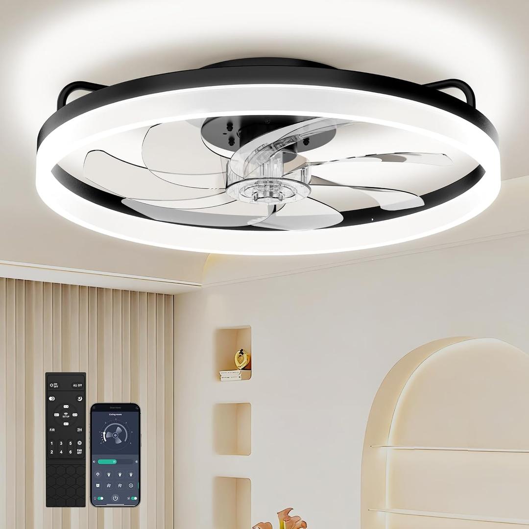 Ceiling Fans with Lights and Remote, 20 Inch Low Profile Ceiling Fan, Upgrade 7-Blade Flush Mount LED Fan Light, 3000K-6500K Dimmable Modern Fandelier Ceiling Fans for Bedroom, Black