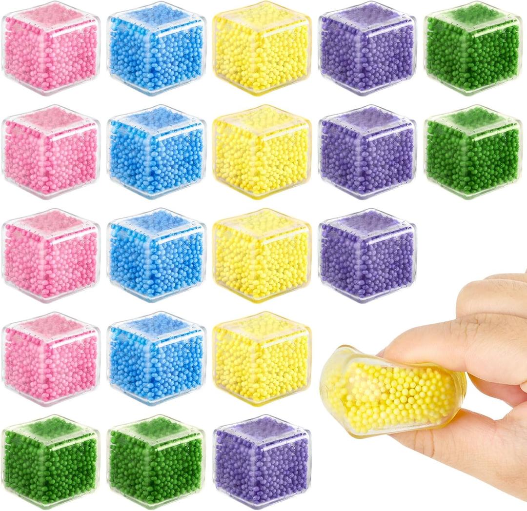 20 Pack Mini Stress Cube Filled with Foam Particles, Sensory Squishy Fidget Toys Square Squeeze Stress Balls for Kids Adults Anxiety Stress Relief, Classroom Prizes, Birthday Gifts Party Favors