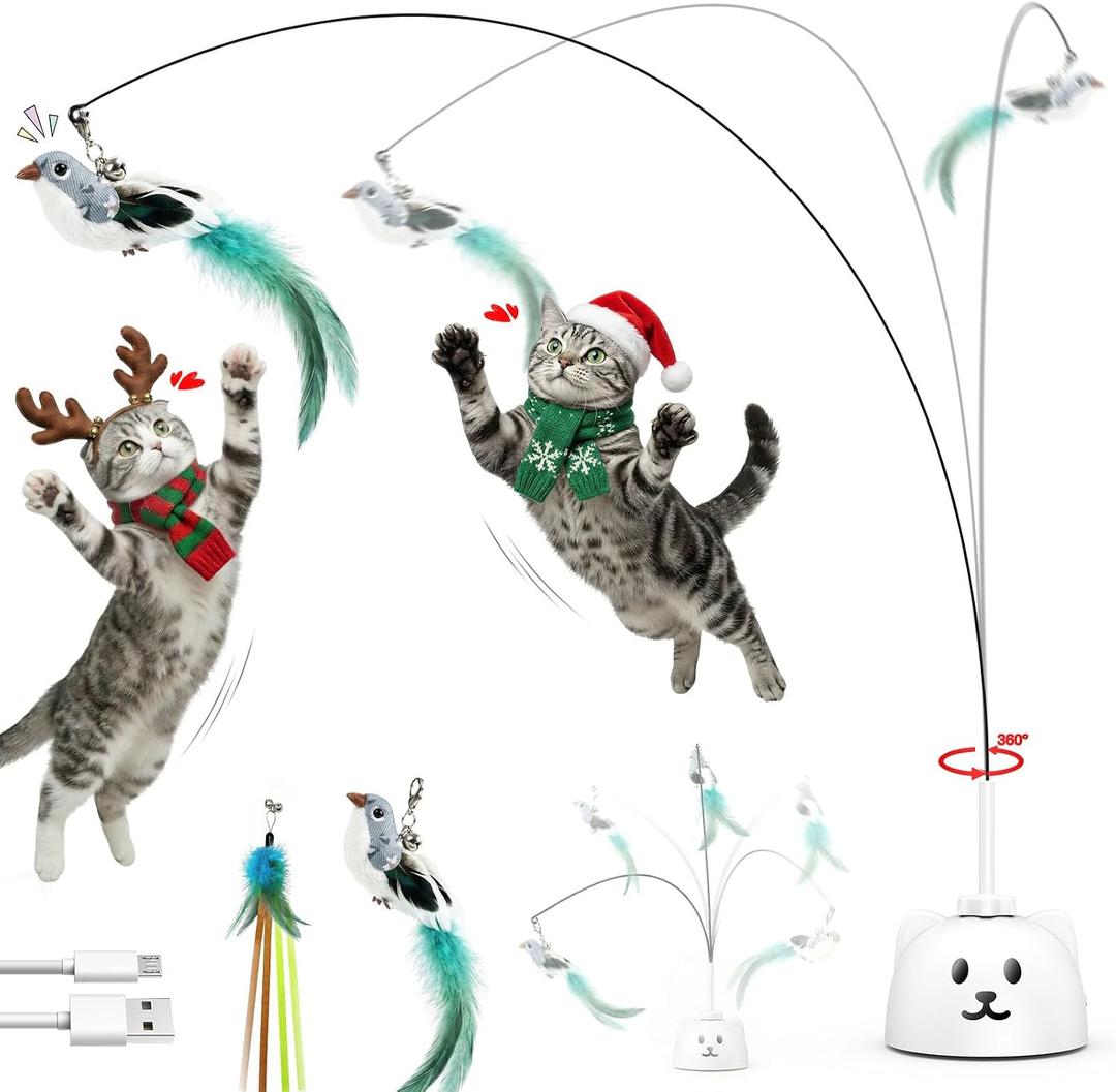 Interactive Cat Toys for Indoor Cats: Upgraded 360 Automatic Spin Flying Bird Feather Wand with Silicone Protected Rod Safe Play, Strong 8cm Suction Cup, USB-Rechargeable for Bored Kittens and Adult
