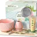 SIMPLETaste Matcha Whisk Set, 7 Pcs Ceramic Matcha Kit Includes Bowl, Whisk and Holder, Bamboo Scoop, Scoop Rest, Sifter and Tea Towel - Matcha Kit for Macha Lovers (Pink)