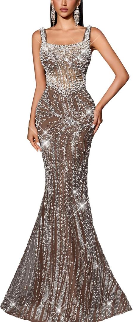 Women's Square Neck Sequin Beaded Mermaid Formal Evening Dress Spaghetti Strap Bodycon Prom Party Cocktail Maxi Gown (Coffee Brown, M)