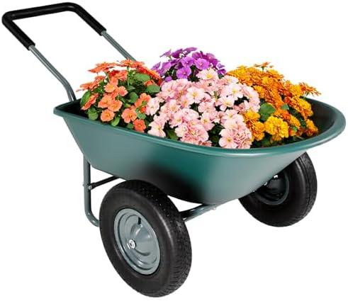 Upgrade 2 Wheel Wheelbarrow, Yard Cart with Padded Handlebar, 14 Inch Pneumatic Tires for High Stability, Ideal for Moving Soil, Plant Shrub, Gardening Tool, Easy Assembly