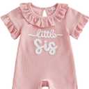 Sejardin Baby Girl Romper Letter Embroidery Newborn Infant Summer Clothes Short Sleeve Ruffle Crew Neck Jumpsuit Headband, Size 0-3 Months