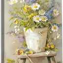 Dazzlewall Framed Floral Bucket Wall Art,Farmhouse Style Daisy Wildflower Bouquet in Rustic Metal Pail Prints Botanical Oil Painting for Bathroom Bedroom Living Room Decor 12x16 in