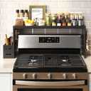 Bamboo Stove Shelf, Spice Shelf for Kitchen Stove, 31in Over the Stove Shelf, Stove Top Shelf for Back of Stove with EVA Kitchen Liner, Utensil Holder & 6 Hooks, for Over Stove(Black)