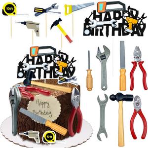 18PCS Tools Cake Topper Tools Cake Decorations Toolbox Wrench Hammer Mechanic Drill Plier Handsaw Tape Measure Screwdrivers Themed Happy Birthday Party Decor