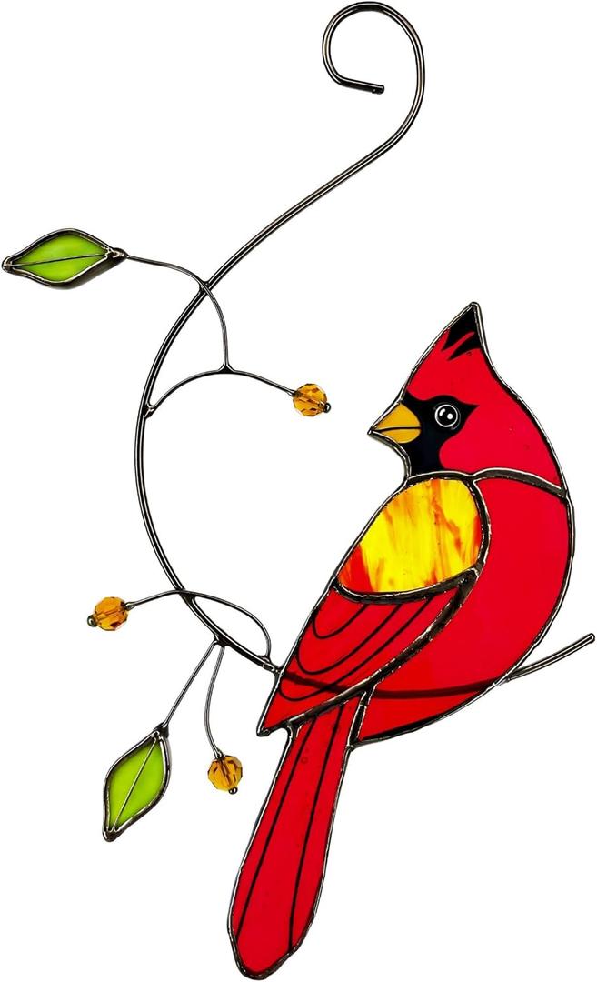 Red Cardinal Stained Glass Bird Suncatcher for Mom, Grandma, Women - Real Glass Window Hanging Ornament - Handmade Bird Lover Home Decor (Gifts Ready Packaging)