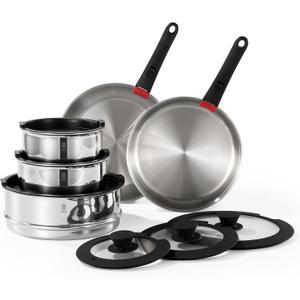 ROYDX 16pcs Pots and Pans Set, Stainless Steel Cookware Set Detachable Handle, Induction Kitchen Stackable RV Cookware Sets, (Camper, Boat, Small Kitchen), Dishwasher Safe&Oven Safe, PFOA Free, Silver