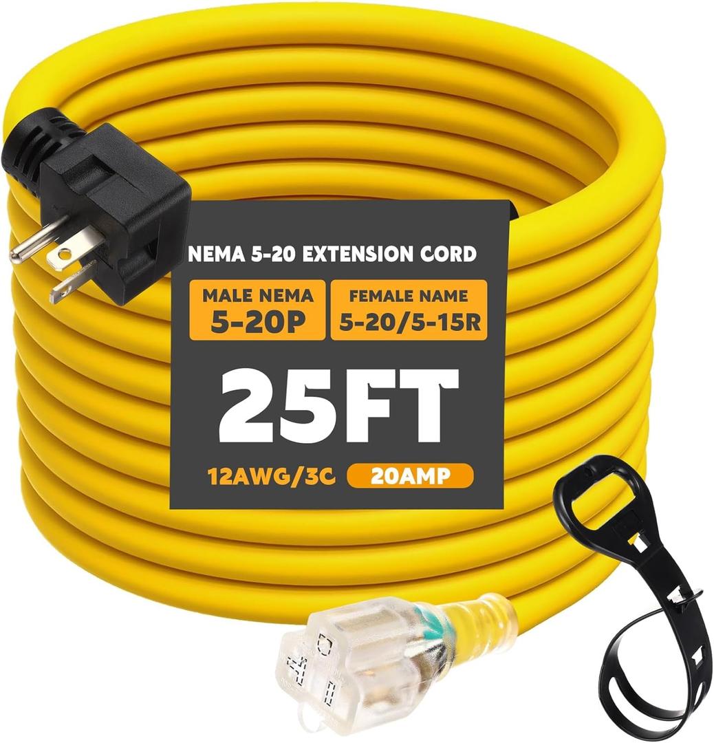 Kanayu 25FT NEMA 5-20 Extension Cord, 5-20P Male Plug to 5-20/5-15R Female Receptacle, 20 Amp T-Blade Outlet Extension Power Cord with Indicator Light, 12 AWG, ETL Listed