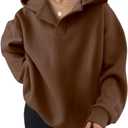 ZOCANIA Womens Hoodies Pullover Long Sleeve V Neck Sweatshirt Women Drop Shoulder Solid Color Women's Hoodie Casual Tops (Medium, Coffee)