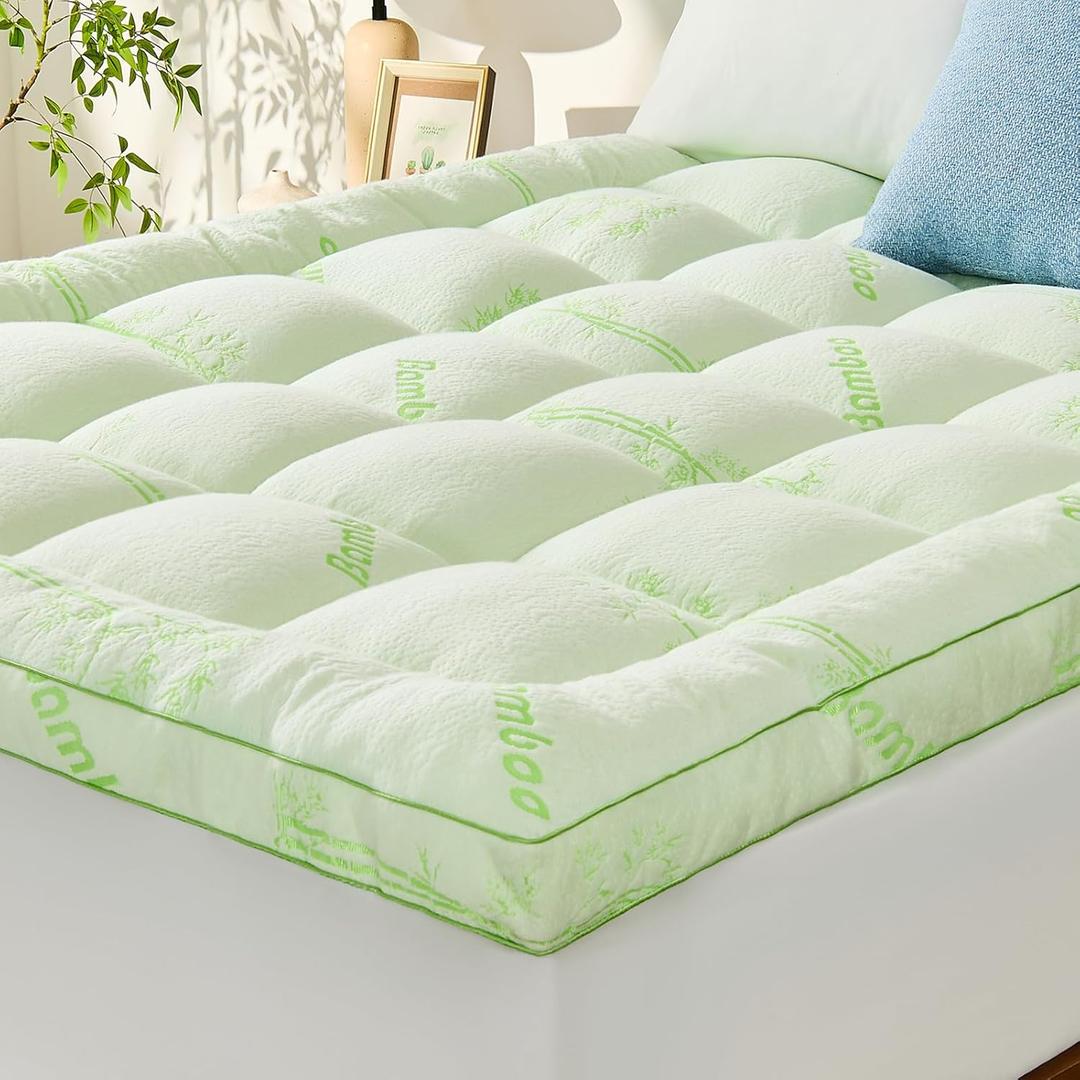 Memory Foam Mattress Topper - Viscose Made from Bamboo Pillow Top Thick Queen Size Mattress Pad for Back Pain, Ultra Soft & Cooling for Hot Sleepers, 6-18'' Deep Pocket, Green