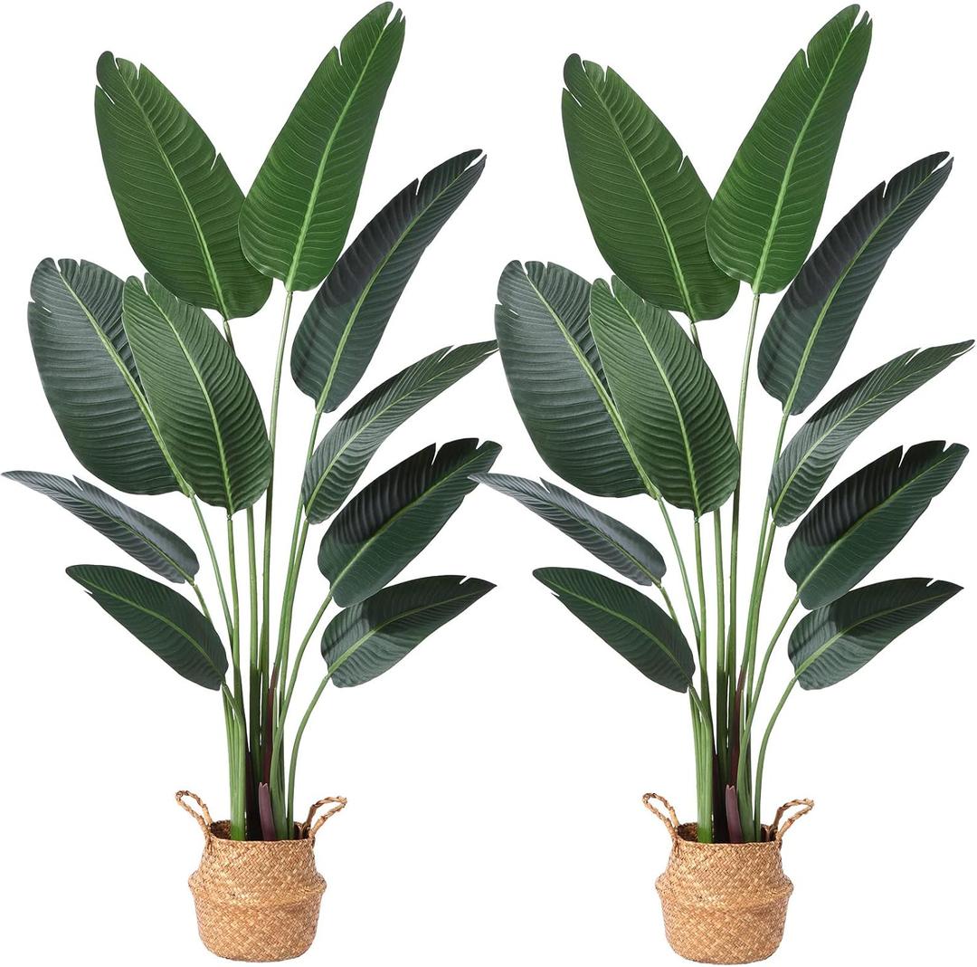 Artificial Bird of Paradise Plants 5Ft Fake Tropical Palm Tree with 10 Trunks in Pot and Woven Seagrass Belly Basket Perfect Faux Plant for Home Indoor Outdoor Office Modern Decor Green 2 Pc