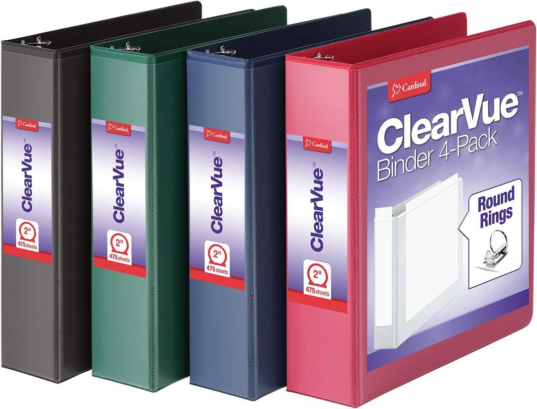 Cardinal 3 Ring Binders, Binders for School and Office, Durable 2 Inch Binder with Round Rings, Holds 475 Sheets, ClearVue Covers, Non-Stick, PVC-Free, Assorted Colors, 4 Pack (29310)