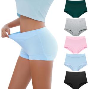 Migbean Womens Seamless Boy Shorts Underwear Soft Stretch Boxer Shorts Briefs No Show Panties 2 Packs Black Grey (Medium, Blue-5pack)