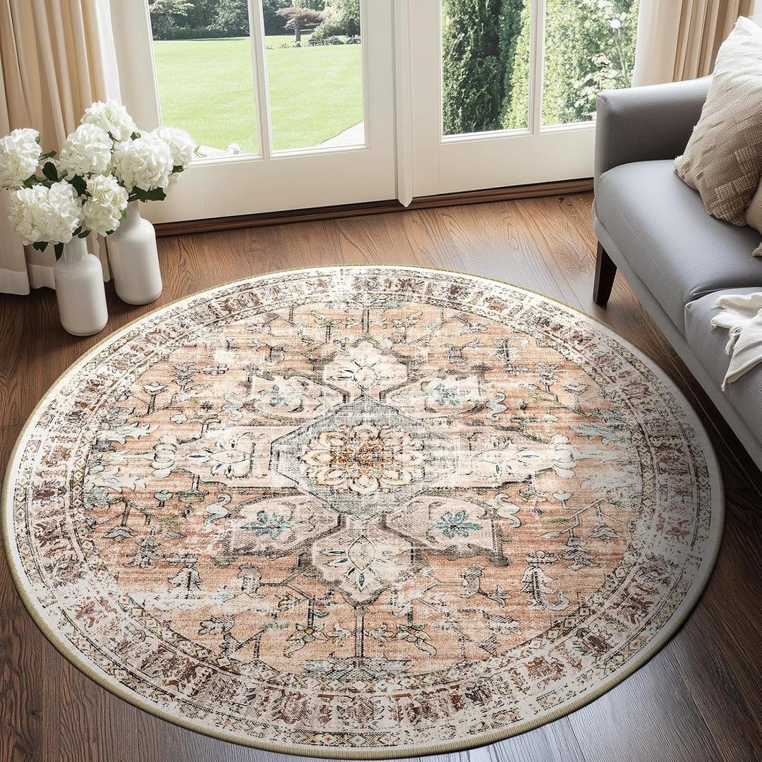 BESTSWEETIE 4ft Area Rug Washable Rugs for Living Room, No Pile Boho Carpet for Entryway Bedroom Dinning Room, Vintage Carpet Print Distressed Non-Slip, 48" Round, Orange Pink Brown Earth Tones