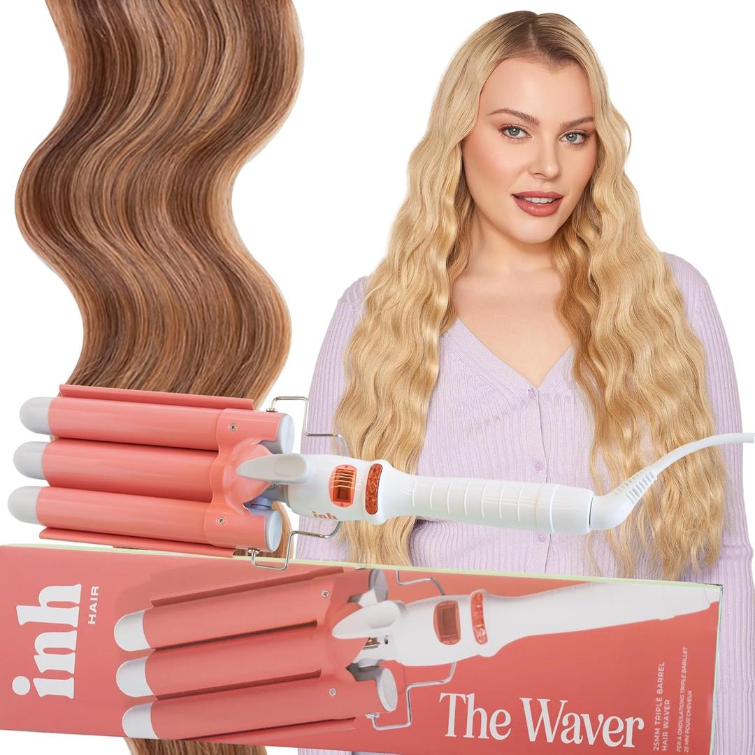 INH Hair Waver 3 Barrel | Ceramic Curling Iron for Beach Waves | Wavy Hair Curler for Fine, Thin, Thick, Long & Short Hair | Dual Voltage Deep Waver w/LED Screen & 360 Swivel Cord for Easy Styling