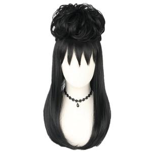 Topcosplay Long Black Wig and Bun with Necklace Halloween Costume Wig for Women or Girls