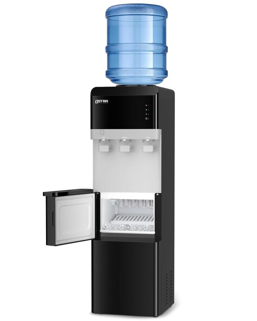 OSTBA Water Cooler Dispenser with Ice Maker, Top Loading Water Dispenser for 3 & 5 Gallon Bottles, Hot Cold & Room Temp Water, Bullet Ice Maker, Child Safety Lock, Touch Panel