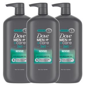 DOVE MEN + CARE Body and Face Wash with Wild Mint Oil, Invigorating Revive 3N1 with 24-Hour Nourishing Micromoisture Technology, 30 oz 3 Count