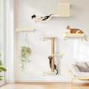 FUKUMARU Cat Wall Shelves, Stable & Safe 5 in 1 Cat Walls Furniture Set, Wooden Kitten Climbing Wall with Scratching Post for 16 Inch Drywall - Beige
