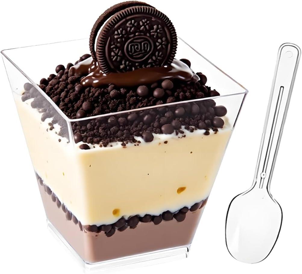 50Pack 8oz Plastic Dessert Cups with Spoons, Clear Mini Square Parfait Yogurt Cups, Appetizer Pudding Shooter Fruit Trifle Ice Cream Mousse Cup for Party (8 oz)