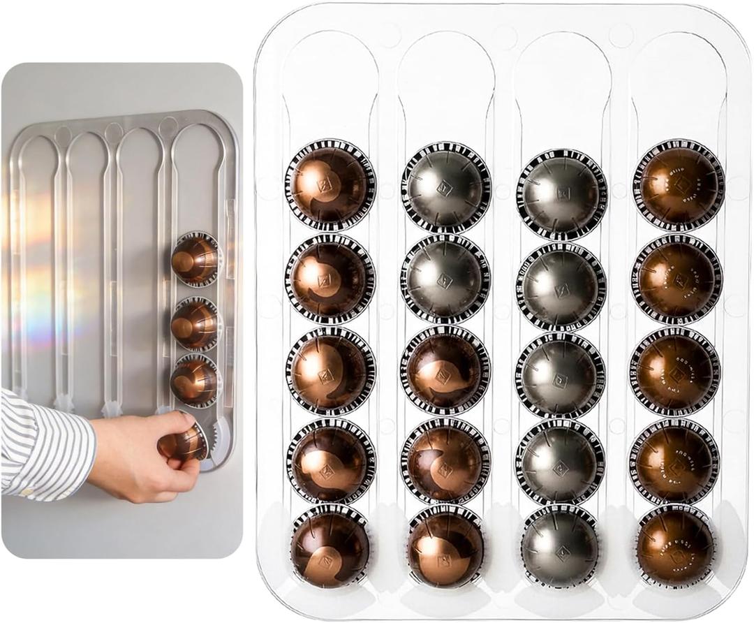 Wall Mount Coffee Pods Organizer for Nespresso Capsules Vertuo, Side Mount Holds up to 24 Capsules in 4 Rails, Clear Acrylic