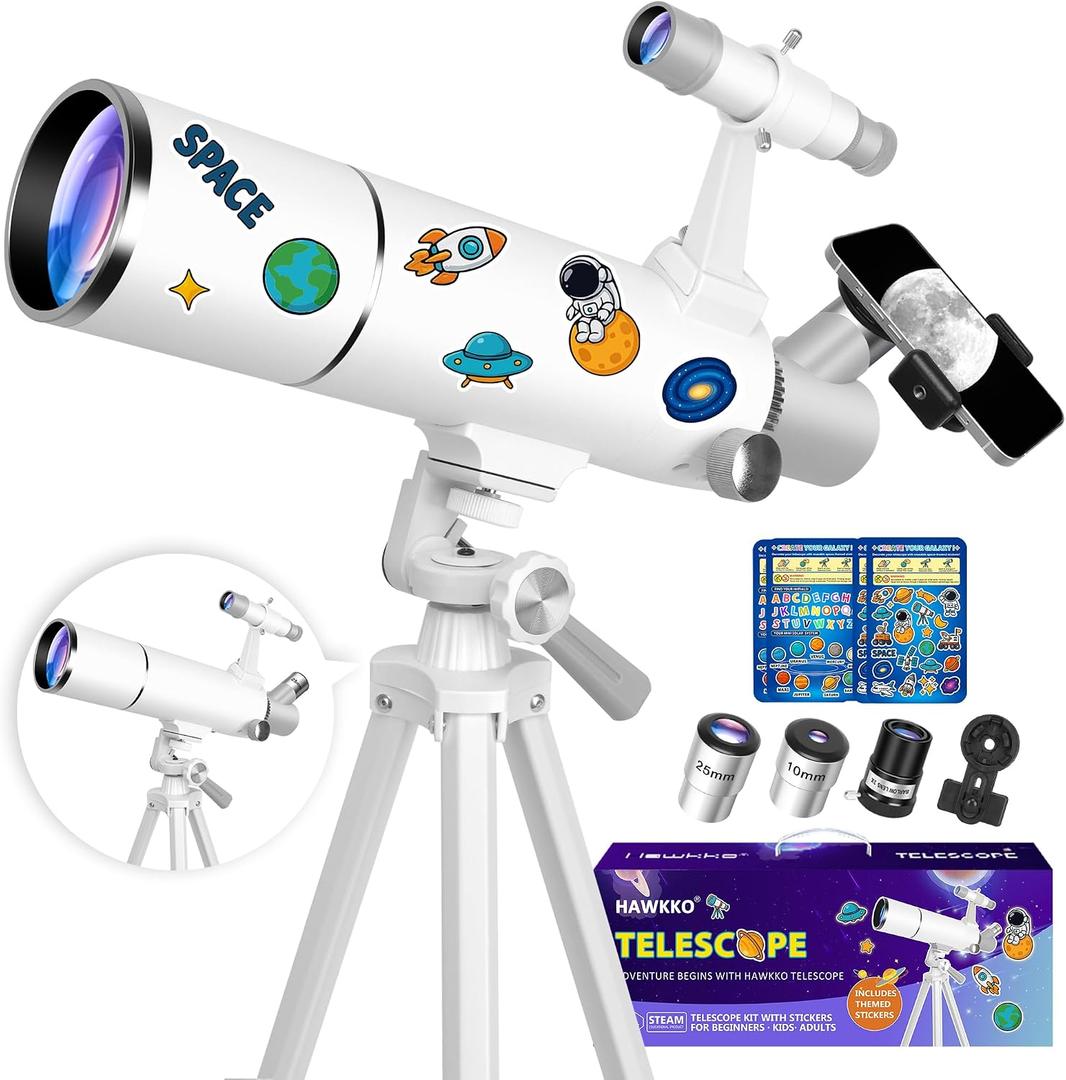 Hawkko Telescope for Adults & Kids 80mm Aperture 500mm Telescopes for Adults Astronomy, (20X-150X) Portable Refractor Telescope Kit for Beginners with Decorate Stickers, AZ Tripod, Phone Adapter