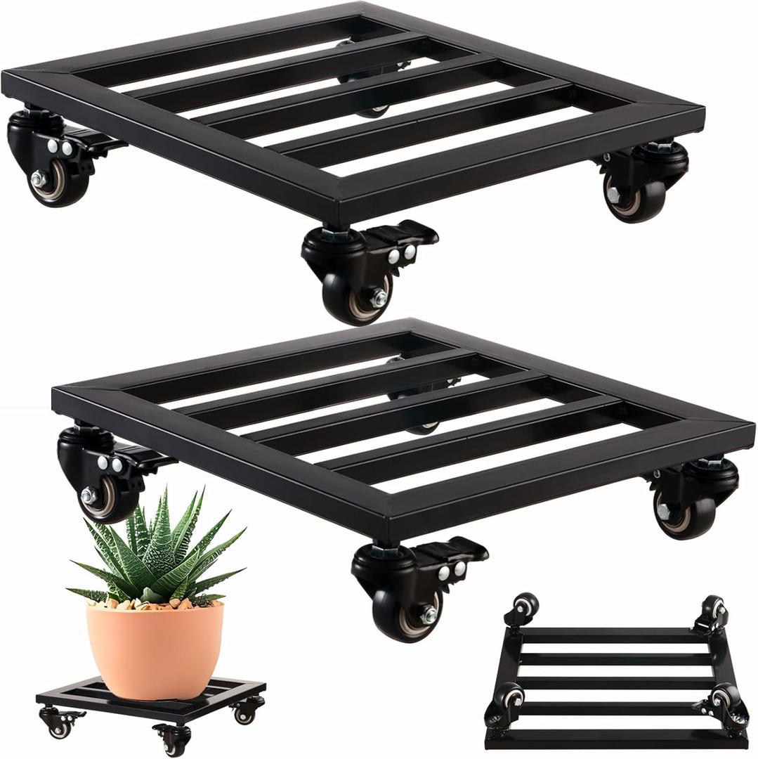 2 Packs Metal Square Plant Caddy with Wheels 12” Iron Wrought Rolling Plant Stand with Casters Heavy-duty Plant Dolly for Indoor and Outdoor Plant Pot Roller Base Square Plant Movers, Glossy Black