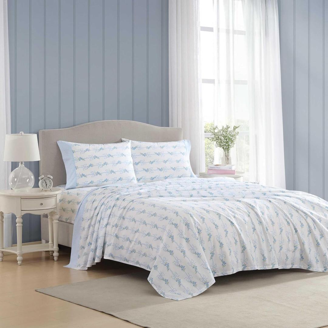 Laura Ashley - Queen Sheet Set, Crisp & Cool Cotton Percale Bedding with Deep Pockets, Lightweight for Year Round Comfort, Bed Sheets with Matching Pillowcases (Floral Ribbon Blue)