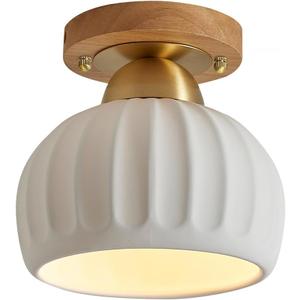 Ceramic Semi Flush Mount Ceiling Light Fixture, Wood Brass Base Hallway Light Fixture Modern Small Ceiling Light for Bedroom Dining Room Kitchen Entryway Porch Foyer Hall