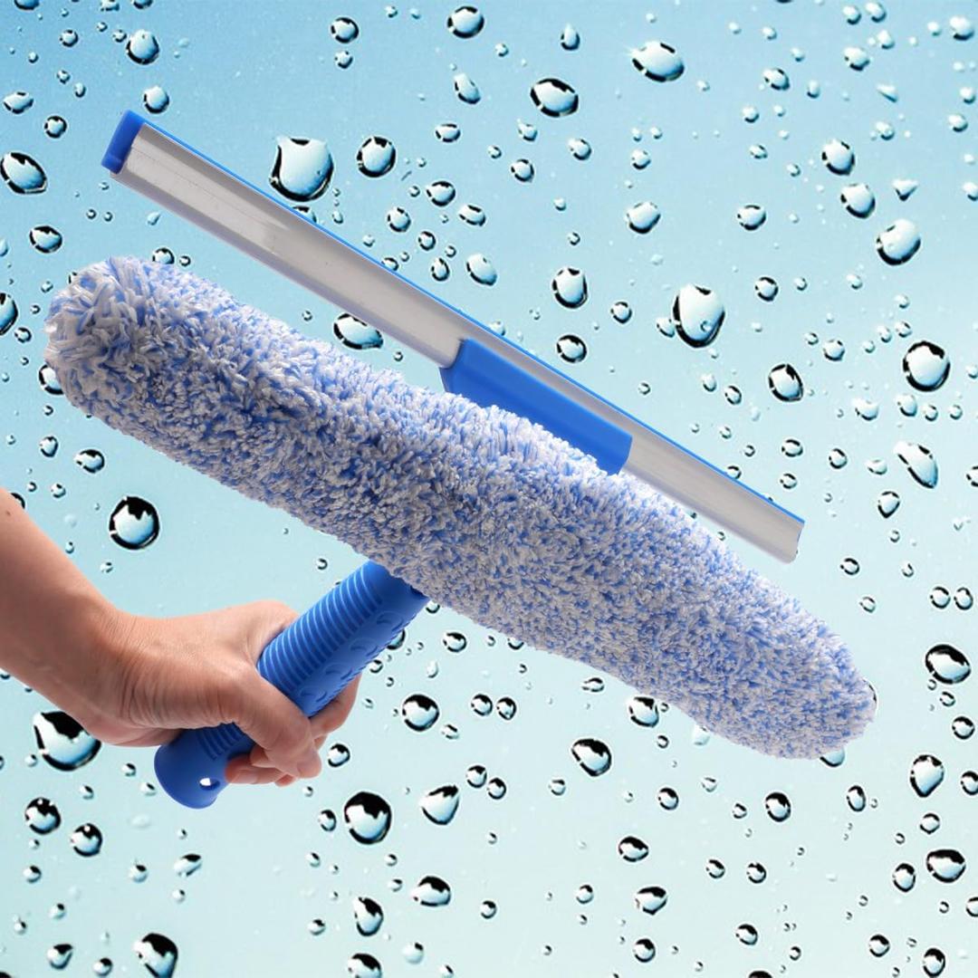 Window Glass Scrubber Sweeper Floor Squeegee Glass Wiper, 2 in 1 Washable Scraping Cleaner with Detachable Microfiber