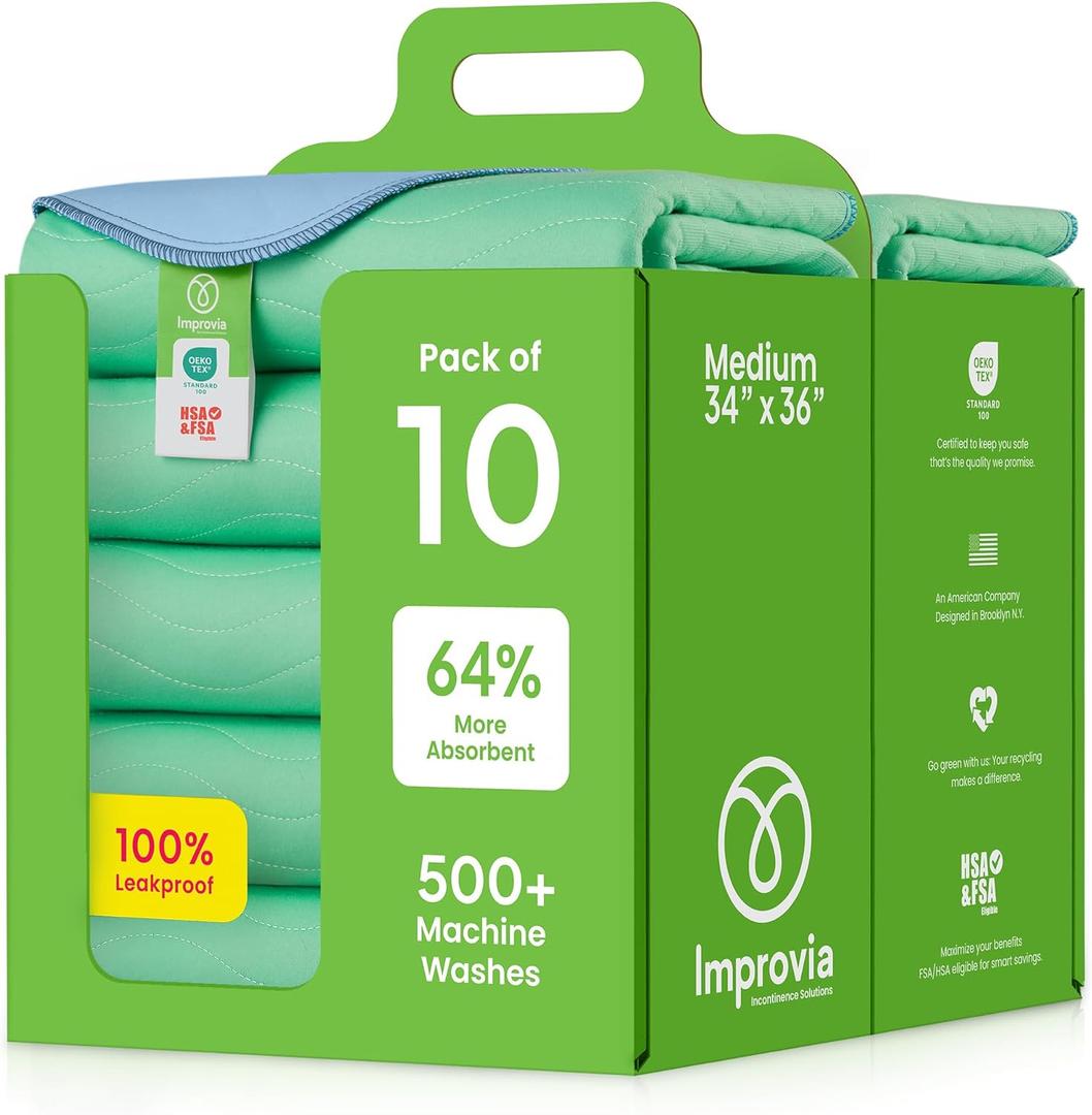 IMPROVIA Washable Underpads, 34" x 36" (Pack of 10) - Heavy Absorbency Reusable Bedwetting Incontinence Pads for Kids, Adults, Elderly, and Pets Waterproof Protective Pad for Bed, Couch, Sofa, Floor (Green)