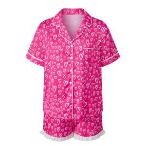 GUEMONG Women 2 Pieces Floral Bow Valentine's Day Pajama Sets Button-Down Short Sleeve Ruffle Cute Sleepwear (US, Alpha, XX-Large, Regular, Regular, Red-3) (XXL)