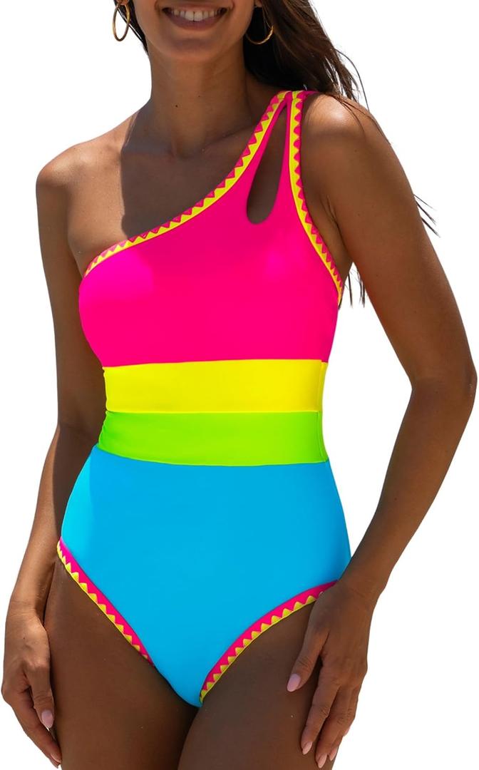 popvil One Shoulder One Piece Swimsuit for Women Neon Color Block Bathing Suits Modest Full Coverage Swimwear (Medium)