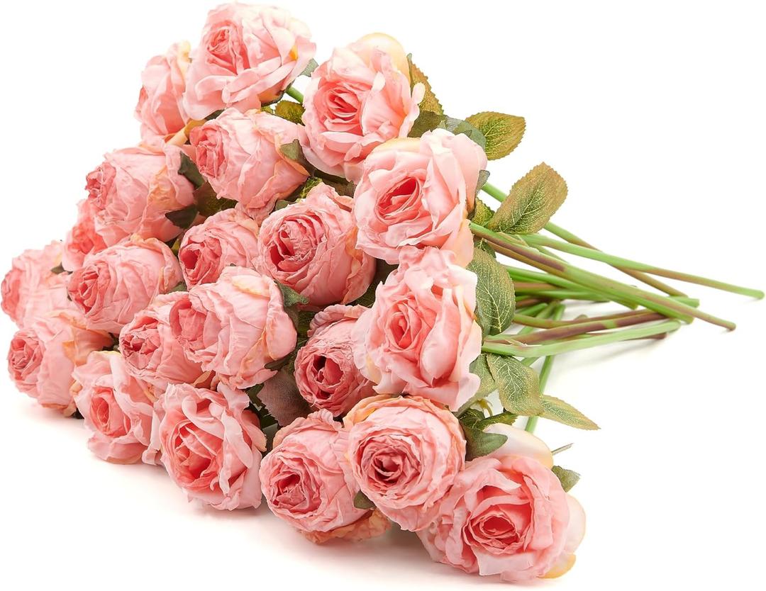 Rose Artificial Flower 12pcs Realistic Faux Silk Roses Fake Flowers Bouquets Arrangements Decor for Wedding Spring Mother's Day, Home Table Decorations, Pink Flower