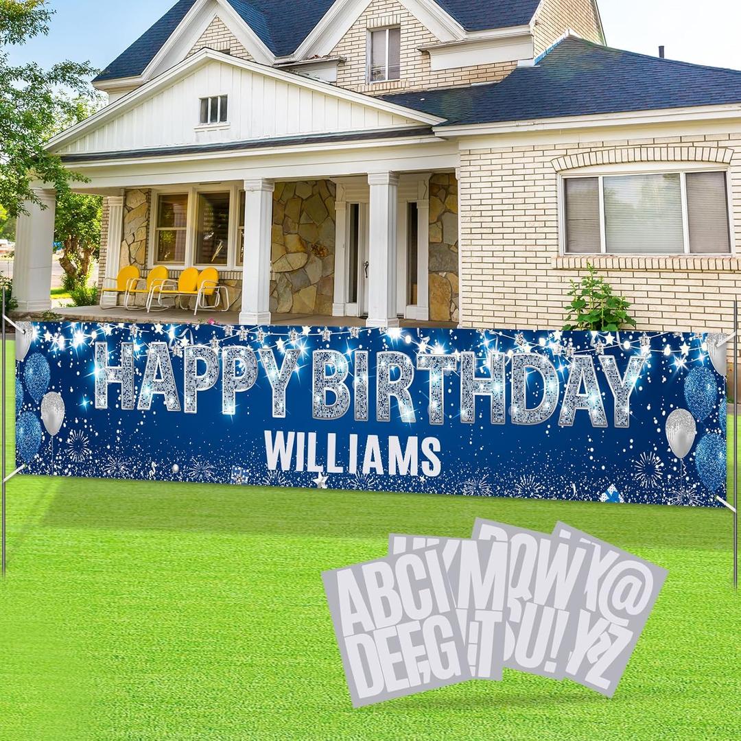 Large Blue Birthday Banner with Personalized Letter Stickers - Custom Navy Blue Silver Happy Birthday Yard Banner DIY Sign for Men Women Birthday Party Supplies Outdoor Indoor