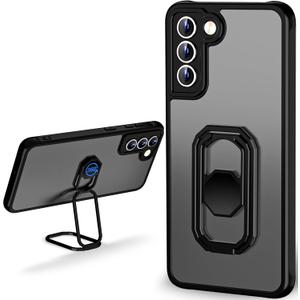 WINTONG for Galaxy S21 Case with Metal Stand, Matte Back Phone Case with Double Ring Holder Finger KickstandFoldable & Adjustable Shockproof Translucent Protective Cover - Frosted Black